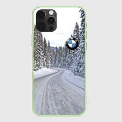 Чехол для iPhone 12 Pro Max BMW - зимняя дорога через лес, цвет: 3D-салатовый