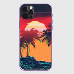 Чехол для iPhone 12 Pro Max Пальмы и пляж на закате с помехами VHS ретро дизай, цвет: 3D-сиреневый