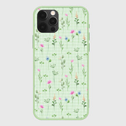 Чехол для iPhone 12 Pro Max Акварельные растения на зеленой клетке, цвет: 3D-салатовый