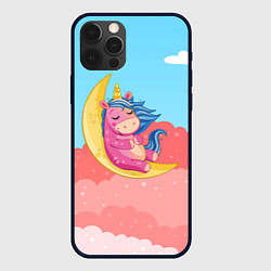 Чехол для iPhone 12 Pro Max Единорог на месяце, цвет: 3D-черный