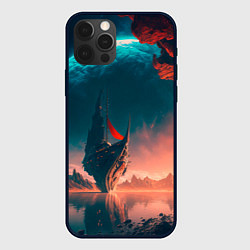 Чехол для iPhone 12 Pro Max Абстрактный летающий корабль и луна, цвет: 3D-черный
