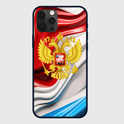 Чехол для iPhone 12 Pro Max Герб России на фоне флага, цвет: 3D-черный