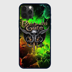 Чехол для iPhone 12 Pro Max Baldurs Gate 3 logo dark red green fire, цвет: 3D-черный