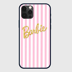 Чехол для iPhone 12 Pro Max Barbie - золотая надпись и бело-розовые полосы, цвет: 3D-черный
