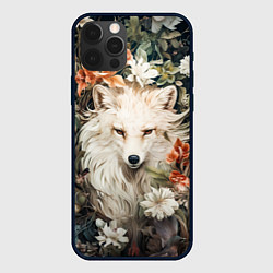 Чехол для iPhone 12 Pro Max Белая лисица в кустах цветов, цвет: 3D-черный