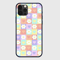 Чехол для iPhone 12 Pro Max Сердечки и цветочки в пастельных квадратах, цвет: 3D-черный