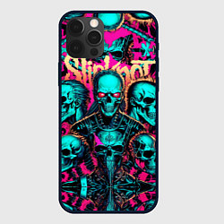 Чехол для iPhone 12 Pro Max Slipknot на фоне рок черепов, цвет: 3D-черный