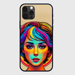 Чехол для iPhone 12 Pro Max Девушка с разноцветными волосами на клетчатом фоне, цвет: 3D-черный
