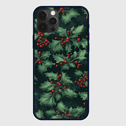 Чехол для iPhone 12 Pro Max Новогодний паттерн с веточками падуба, цвет: 3D-черный