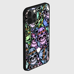 Чехол для iPhone 12 Pro Max Разноцветные черепа в кепке паттерн, цвет: 3D-черный — фото 2