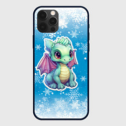 Чехол для iPhone 12 Pro Max Маленький синий дракон на фоне снежинок, цвет: 3D-черный