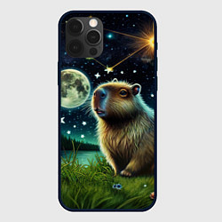 Чехол для iPhone 12 Pro Max Капибара прогулки в полнолуние, цвет: 3D-черный