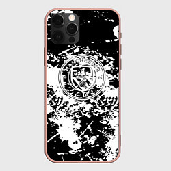Чехол для iPhone 12 Pro Max Manchester City краски чёрно белые, цвет: 3D-светло-розовый