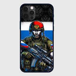 Чехол для iPhone 12 Pro Max Русский солдат на фоне флага, цвет: 3D-черный