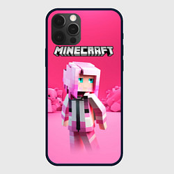 Чехол для iPhone 12 Pro Max Minecraft персонаж розовый фон, цвет: 3D-черный
