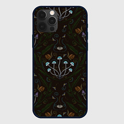 Чехол для iPhone 12 Pro Max Волшебный лес, грибы, улитки и мотыльки - паттерн, цвет: 3D-черный