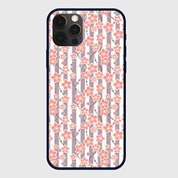 Чехол для iPhone 12 Pro Max Коралловые цветы на полосатом фоне, цвет: 3D-черный