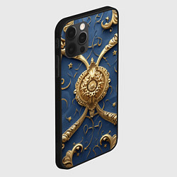 Чехол для iPhone 12 Pro Max Золотые узоры на синей ткани, цвет: 3D-черный — фото 2