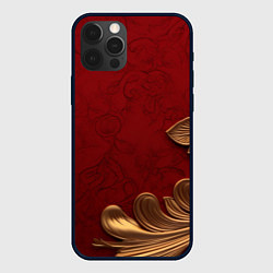 Чехол iPhone 12 Pro Max Объемный золотой лист на красном текстурном фоне