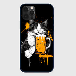Чехол для iPhone 12 Pro Max Уставший кот с кружкой пива, цвет: 3D-черный