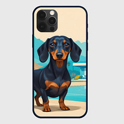 Чехол для iPhone 12 Pro Max Такса и пальма, цвет: 3D-черный