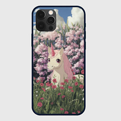 Чехол для iPhone 12 Pro Max Единорог на фоне сирени, цвет: 3D-черный