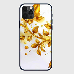 Чехол для iPhone 12 Pro Max Золотые листья на белом, цвет: 3D-черный