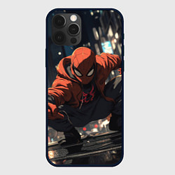 Чехол для iPhone 12 Pro Max Человек-паук сидит в ночном городе, цвет: 3D-черный