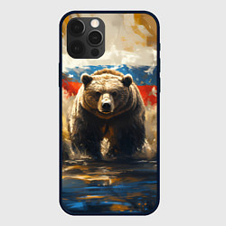 Чехол для iPhone 12 Pro Max Медведь и флаг РФ в поле, цвет: 3D-черный