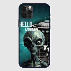 Чехол для iPhone 12 Pro Max Инопланетянин на фоне космоса и летающей тарелки, цвет: 3D-черный
