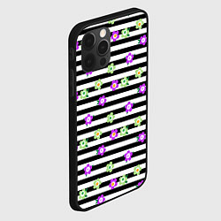 Чехол для iPhone 12 Pro Max Фиолетовые зеленый цветы на черно белом полосатом, цвет: 3D-черный — фото 2