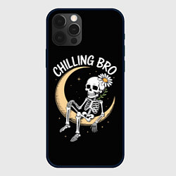 Чехол для iPhone 12 Pro Max Скелет с ромашкой сидит на полумесяце, цвет: 3D-черный