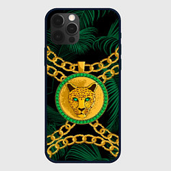 Чехол для iPhone 12 Pro Золотой леопард и цепь, цвет: 3D-черный