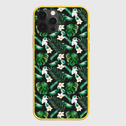 Чехол для iPhone 12 Pro Зеленые листочки паттерн, цвет: 3D-желтый