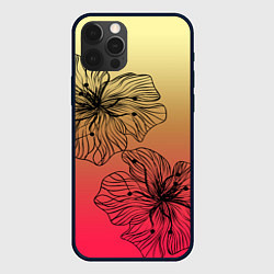 Чехол для iPhone 12 Pro Черные абстрактные цветы на красно-желтом градиент, цвет: 3D-черный