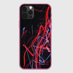 Чехол для iPhone 12 Pro Неоновые лучи в абстракции - Красный и синий, цвет: 3D-малиновый