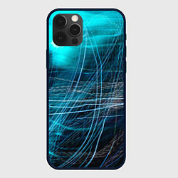 Чехол для iPhone 12 Pro Неоновые волны и линии - Голубой, цвет: 3D-черный