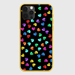 Чехол для iPhone 12 Pro Сердечки разноцветные на черном, цвет: 3D-желтый