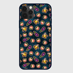 Чехол для iPhone 12 Pro Баклажаны персики бананы паттерн, цвет: 3D-черный