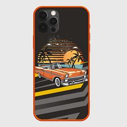 Чехол для iPhone 12 Pro Ретро-автомобиль на фоне пальм, цвет: 3D-красный