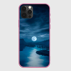 Чехол для iPhone 12 Pro Пейзаж озера, берега и луны - Dear Esther, цвет: 3D-малиновый