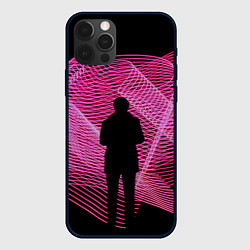 Чехол для iPhone 12 Pro Неоновые розовые волны и силуэт человека, цвет: 3D-черный