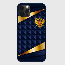 Чехол для iPhone 12 Pro Золотой герб России на объемном синим фоне, цвет: 3D-черный