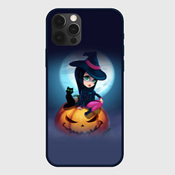Чехол для iPhone 12 Pro Маленькая прикольная ведьмочка с милым котёнком, цвет: 3D-черный
