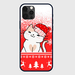 Чехол для iPhone 12 Pro Новогодний милый котик, цвет: 3D-черный