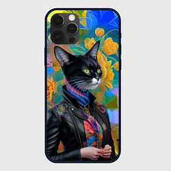 Чехол для iPhone 12 Pro Модная кошечка в кожаной куртке - нейросеть, цвет: 3D-черный