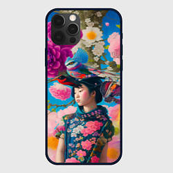 Чехол для iPhone 12 Pro Девочка с птицами среди цветов - мскусство, цвет: 3D-черный