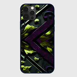 Чехол для iPhone 12 Pro Зеленые листья и фиолетовые вставки, цвет: 3D-черный