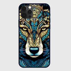 Чехол iPhone 12 Pro Волк в бирюзовом орнаменте