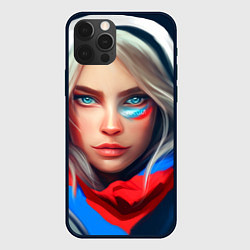 Чехол для iPhone 12 Pro Девушка с голубыми глазами в флаге, цвет: 3D-черный